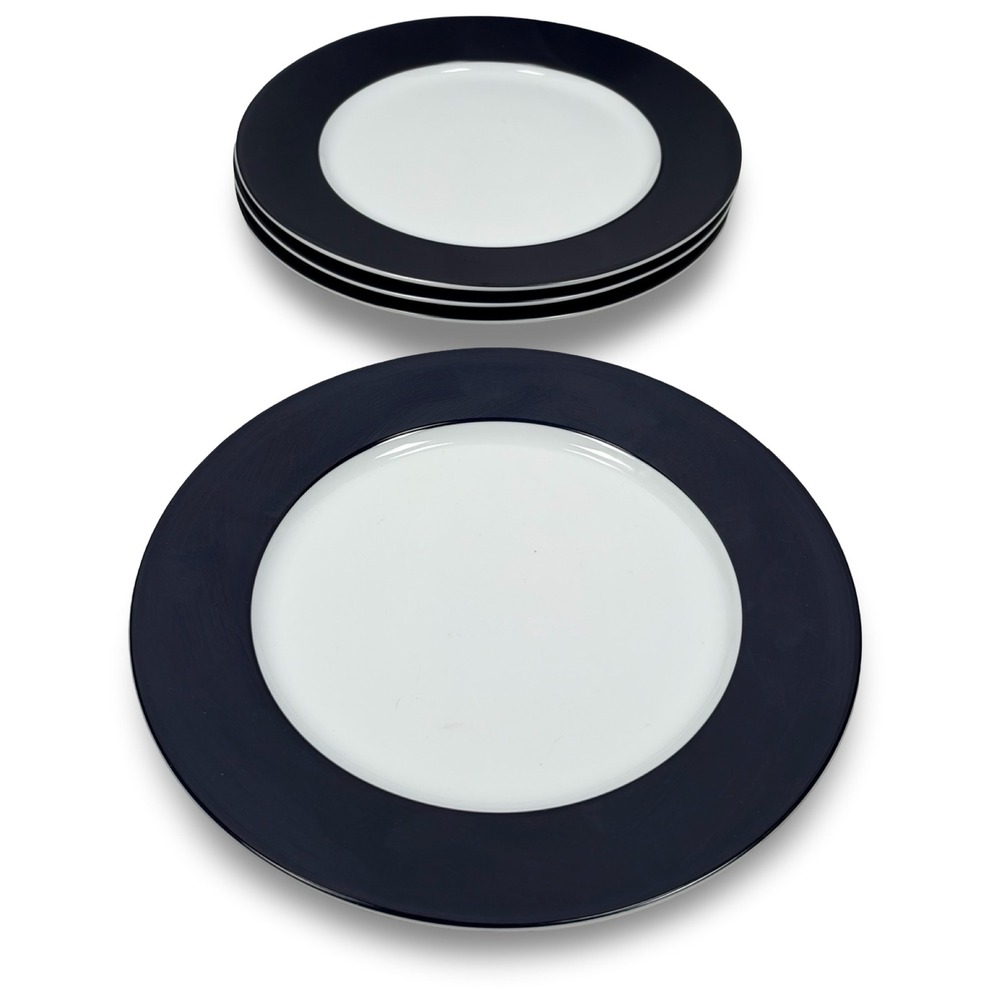 IKEA 365+ Susan Pryke Dinner Plates Set of 4 Navy Blue White Rim 10.75" Portugal